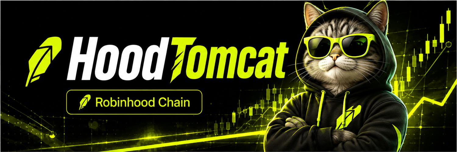 HoodTomcat banner with Robinhood-style green market graphics